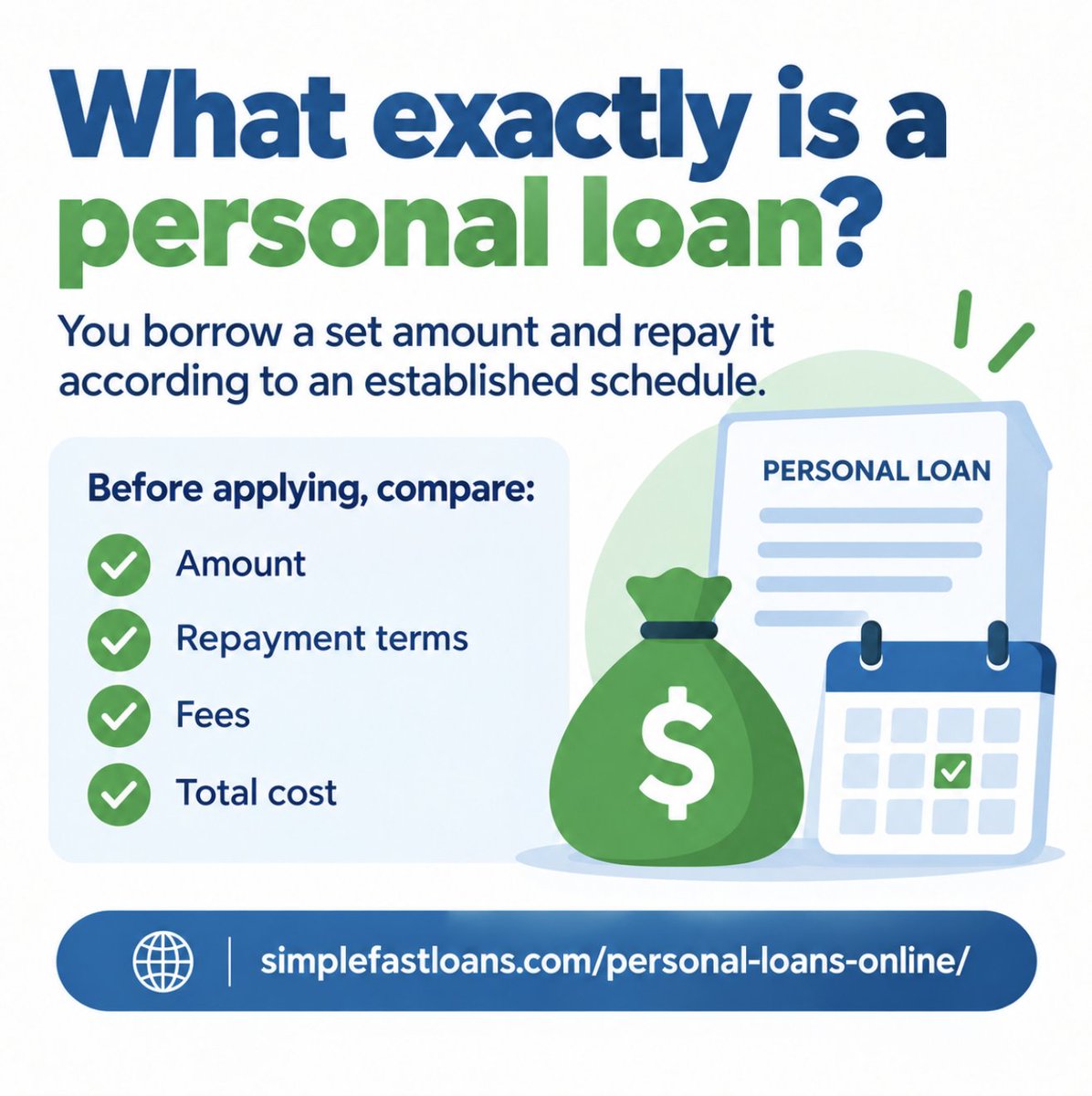 SimpleFastLoans's tweet photo. What exactly is a personal loan?

You borrow a set amount and repay it according to an established schedule. Before applying, compare the amount, repayment terms, fees, and total cost.

https://t.co/BSZq7fwW8W

#PersonalLoans #PersonalFinance https://t.co/BuzbwmaD2n