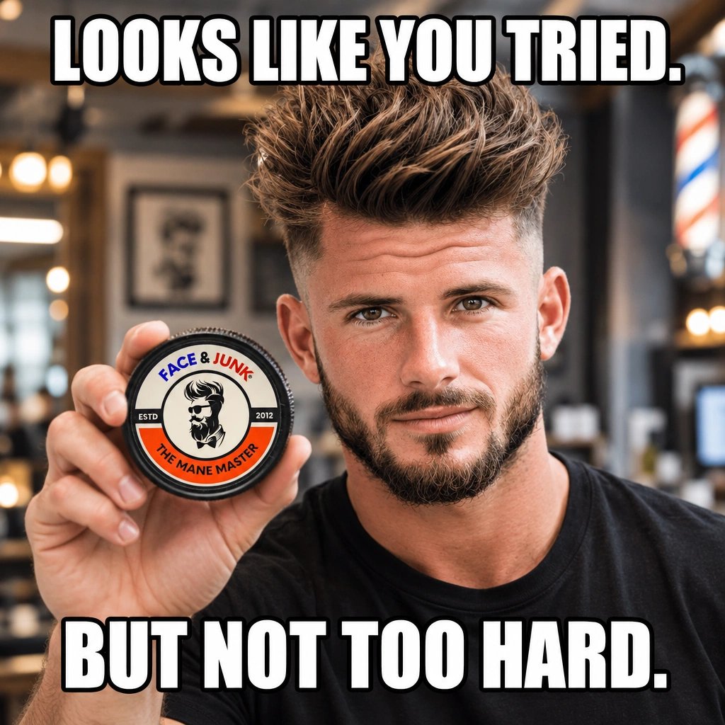 FaceandJunk's tweet photo. “LOOKS LIKE YOU TRIED. BUT NOT TOO HARD.” 

Same energy, better hair. Scoop a little Face and Junk Hair Pomade, rake it through, shrug, and leave everyone guessing whether you actually tried. Medium hold, natural shine, restyle-friendly — effortless, not lazy.

https://t.co/i0JICzFlEN

#FaceAndJunk #GroomedNotGroomed #JarOfSwagger

Face & Junk — Groomed, not trying too hard.