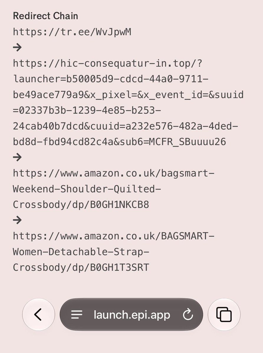 ajrgd's tweet photo. The Laura Kuenssberg deepfake crypto scam ads are still going on X, with this campaign saying "I wonder what's in the bag" in a bedroom with an unknown man. We detected over 133,000 impressions of this bad ad variant today. 

The threat actors use the Linktree link shortener (tr•ee) to serve the initial link that the user clicks, then transfer to their self-hosted traffic redirect service, to decide in realtime whether to send the user to their cryptocurrency scam campaign site or an Amazon affiliate-tagged product page (where the scammer still earns revenue share). The destination is a runtime heuristic decision, scoring the user on device characteristics, geolocation and security sandbox probability.

When the ad is posted, X evaluates the link in its sandbox, and like many of these deepfake celebrity scam ads, it is provided with the final URL of the Amazon website, so determines the ad is safe.

X should display the initial URL in ads. X and Linktree should move to resolve redirects and check URLs in realtime, at click-time, to limit traffic-shifting redirect chain attacks.

IOCs (malicious URLs):

- https[://]tr[.]ee/WvJpwM

- hic-consequatur-in[.]top

Epi Security marks the IOCs as malicious, and Epi is the only known cybersecurity vendor that signals both as unsafe.