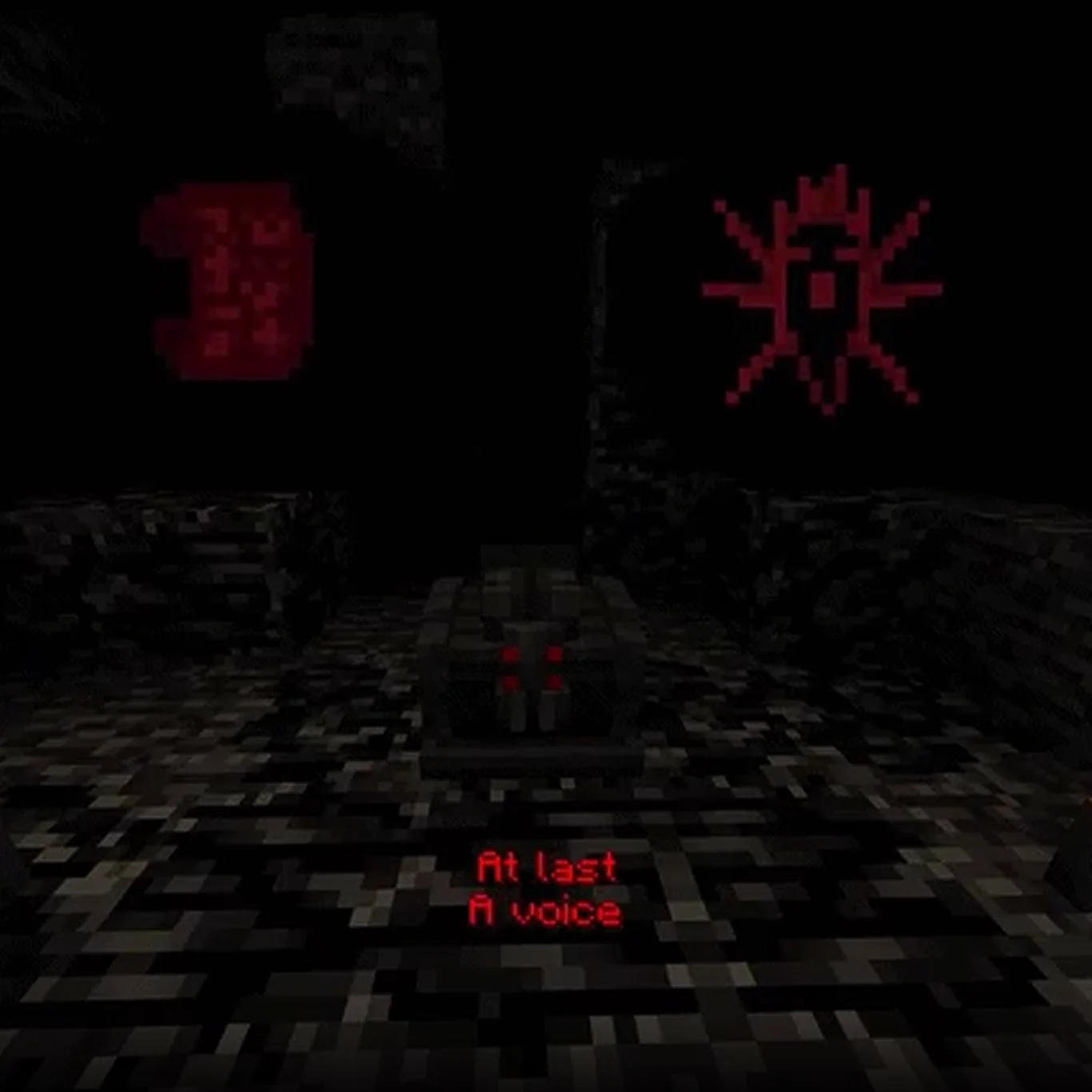 A dark and grainy Minecraft screenshot showing an altar with a spiders face underground on bedrock. Text on screen reads "At last. A voice."