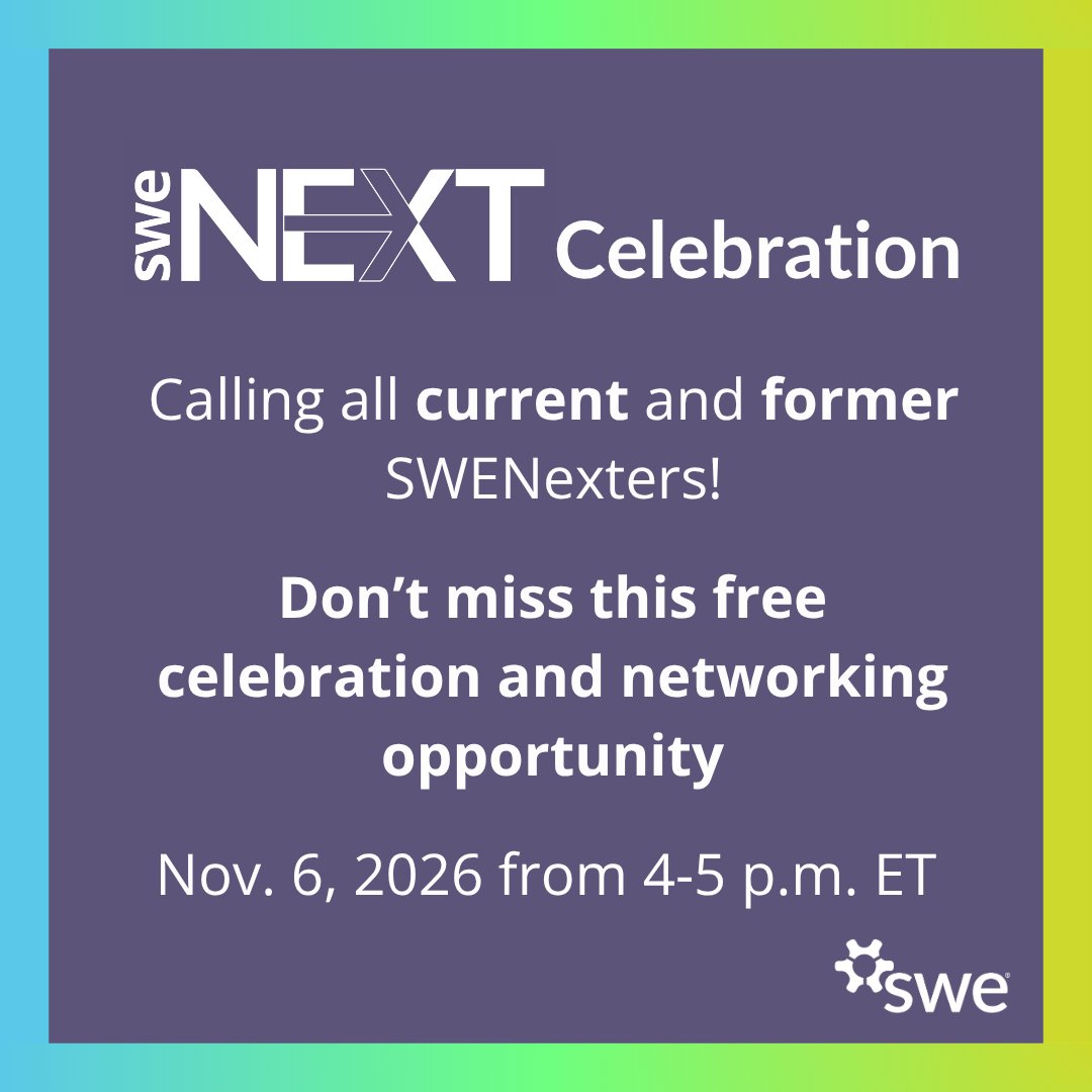 SWENext's tweet photo. RSVP for the SWENext Celebration on Nov. 6 @ WE26 in Boston.

This free networking event &amp; celebration is open to all current and former SWENexters, as well as their parents/guardians.

Use the SWENext Celebration link in bio to register! Contact outreach@swe.org with questions. https://t.co/tUl2ZNX5sS
