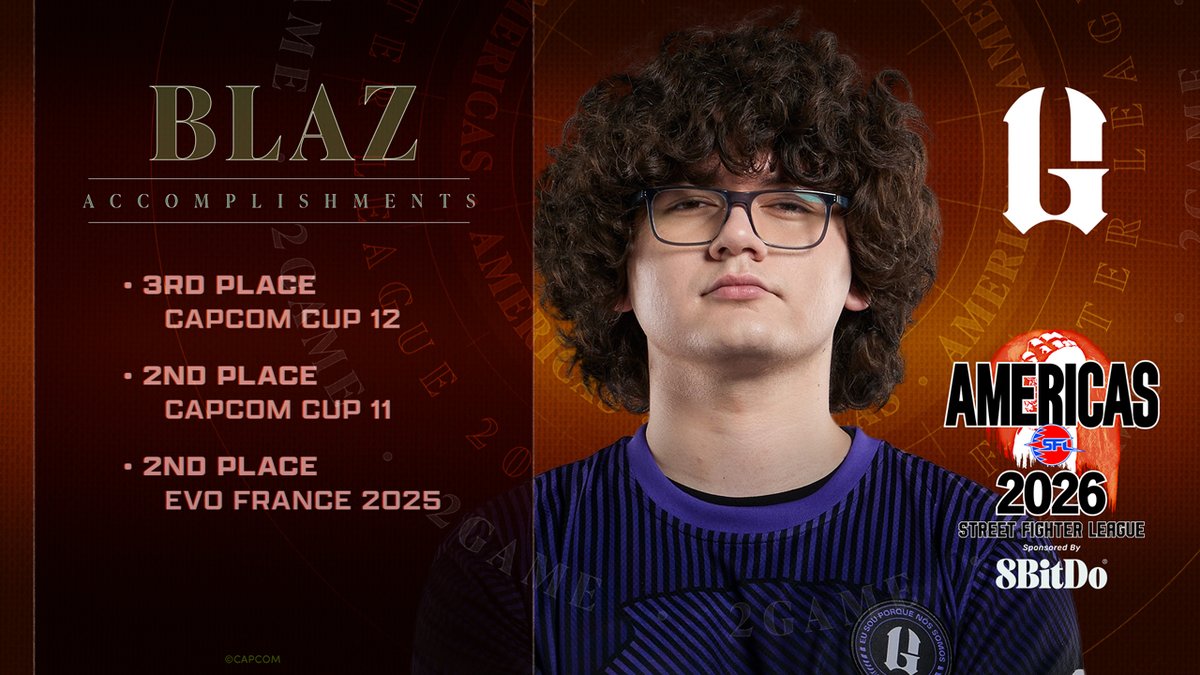 CapcomFighters's tweet photo. Next up for @2GAMEFGC: @DerekBlaz11.

He's set for this #SFLAMERICAS2026 season.

Catch him when the season starts October 23. https://t.co/2XunPL6mOI