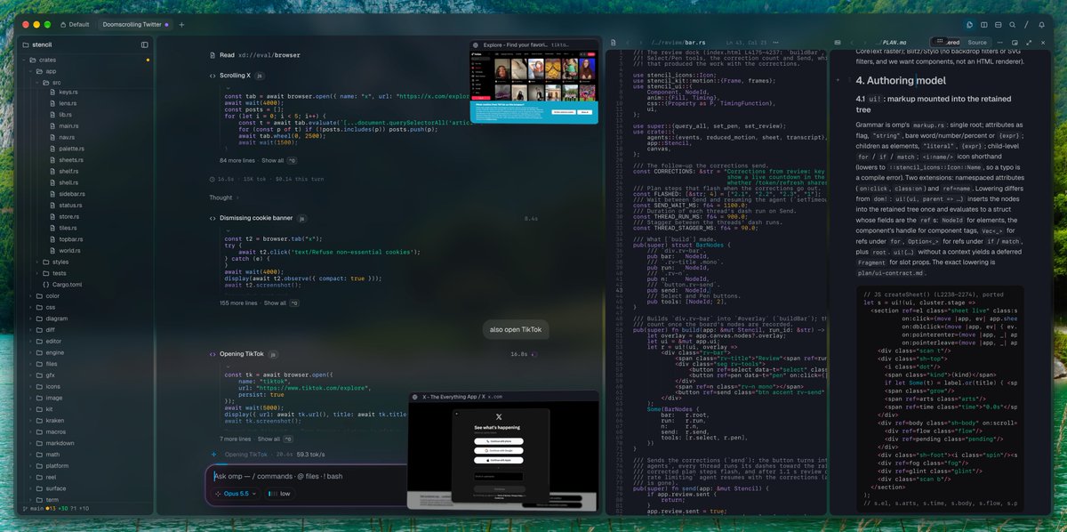 _can1357's tweet photo. Tern is now feature complete! Needs a bit of beta-testing but, to be with you in a couple of weeks @ https://t.co/WSeWD8AvUP 🤞
v1.0.0 will have:
- Persistent sessions & remoting over QUIC via Tailscale / Iroh
- Browser panes & picture-in-picture observability for agents under omp + native components
- Shared sessions across Desktop, iOS, or Web
- Notion-style Markdown notes
- Built-in code editor with git markers
- Preview for video, audio, vector graphics, pdfs...
- Kitty graphics, keyboard, drag-and-drop, clipboard
- Scriptable from the CLI
- Launches in ~150ms
- Builtin p10k-like prompt, backed by a native overlay