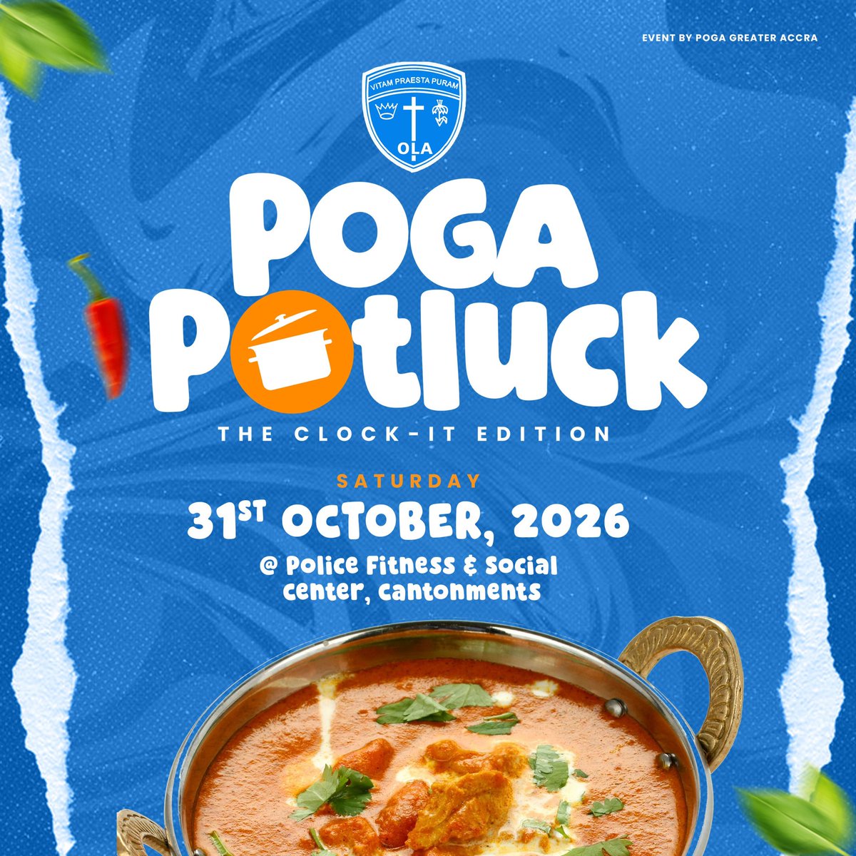 PogaPotluck's tweet photo. Good Food, Great Company Unforgettable Moments!!!

The Clock-It Edition is on! 🎊💃🏾

It’s time to bring your appetite, your favourite dish, and your good vibes! 

Come ready to clock it, chop it, and enjoy it!🤏🏾🤏🏾

#POGAPotluck #POGAPotluck2026 #POGA #OlaShs #BHOBUPOGA https://t.co/dfSlr3MZzD