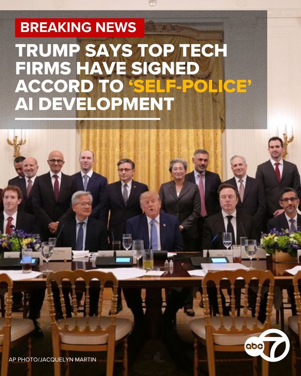 abc7newsbayarea's tweet photo. President Donald Trump on Tuesday said that he and a large group of leaders of artificial intelligence companies had signed a voluntary accord that will include internal and external reviews of the technology during a meeting at the White House. More here: https://t.co/kMMNmyaDfo https://t.co/3vekxRYeXa