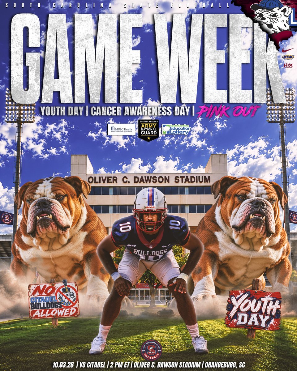 SCState_Fb's tweet photo. #GoDogs

🐶 GAME WEEK IS HERE. 🐶

The Dogs are back at The Oliver—and it’s about to be a whole FAMILY affair. 😤

YOUTH DAY.
CANCER AWARENESS DAY.
PINK OUT. 💗

The Citadel Bulldogs are coming to Orangeburg. Let’s pack the stands, rock pink, and make sure they know whose house this is. 🔴🔵

📍 Oliver C. Dawson Stadium
🗓️ Saturday, October 3
⏰ 2 PM ET

NO CITadel BULLDOGS ALLOWED. 🚫🐶
LET’S PROTECT HOME. LEAVE NO DOUBT.

@SCStateAthletic @MEACSports @coachberry77 
#PayTheFEE
#DigDEEP
#STATEofMind
#RaiseTheBAR
🔴🔵🐶🏈