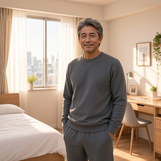 A middle-aged man with salt-and-pepper hair wearing a grey sweatshirt and sweatpants, smiling in a sunlit bedroom with a desk in the background.