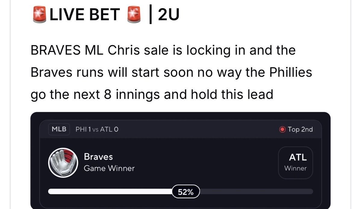 TheBetsGuy's tweet photo. Cash the 2U Banger posted in DubClub ✅✅
We took the Braves ML when they were losing 0-1 to grab hella value ! 

For all my ML plays tap in 📲📲 https://t.co/HPUbZjHqQ0