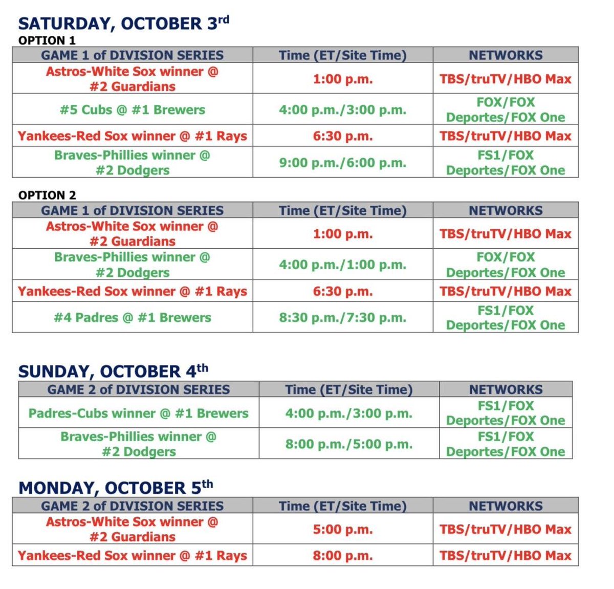 Your 2026 Division Series game times through Monday! 
 [📷](https://pbs.twimg.com/media/HTaiWR9WMAAiMaX.jpg) https://pbs.twimg.com/media/HTaiWR9WMAAiMaX.jpg htt