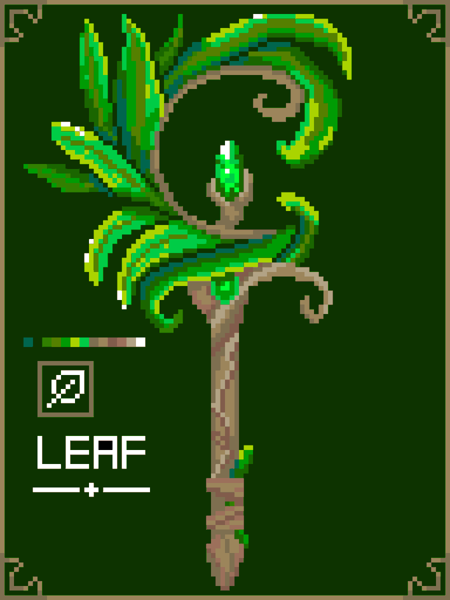Tukeyaki_blade's tweet photo. 葉が舞うたびに、生命が芽吹く

Day 17　緑命杖《エルフィア》
#ドット絵 
#pixelart 
#毎日ドット絵 https://t.co/JgiNWvrsA9