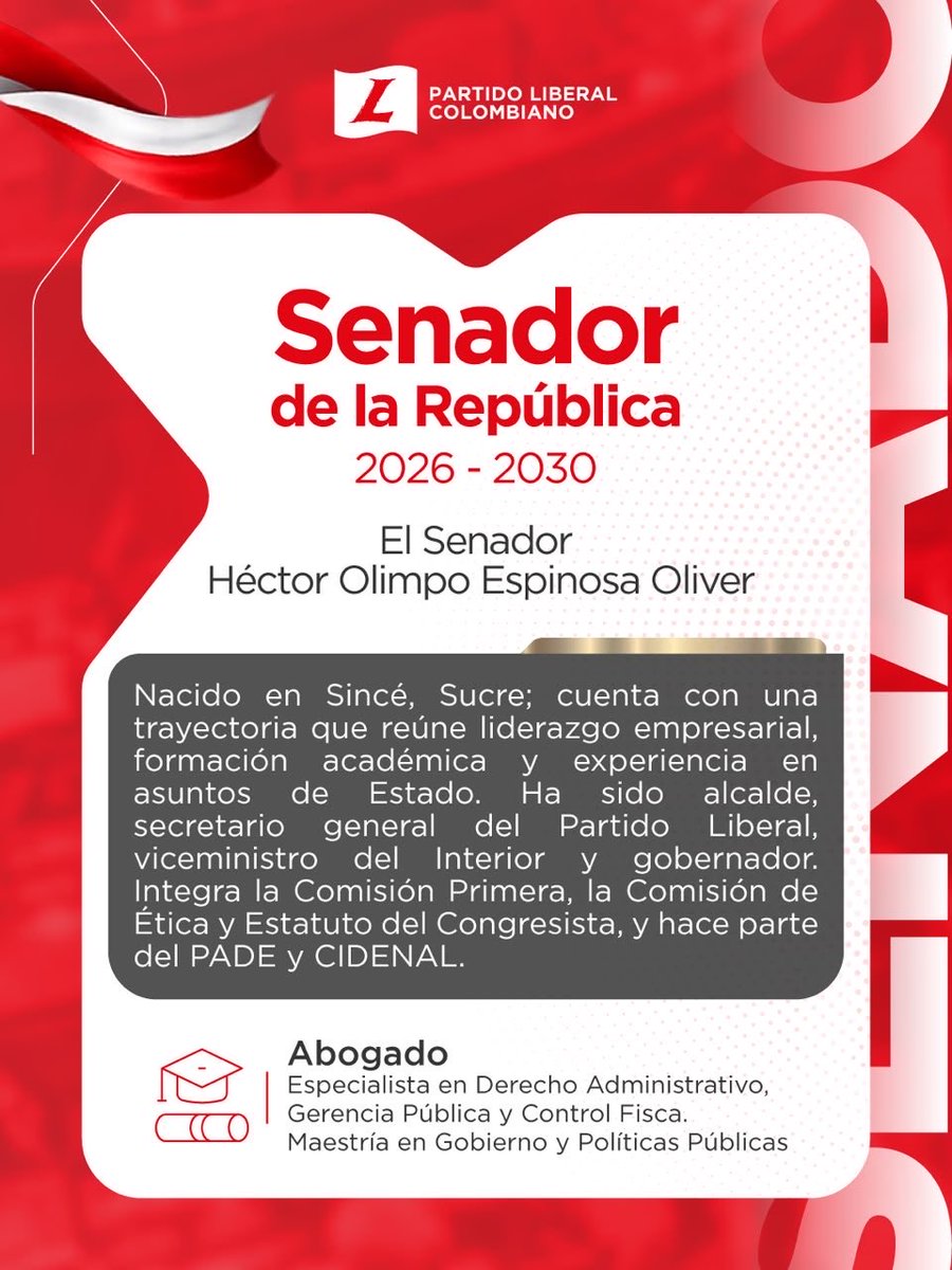 PartidoLiberal's tweet photo. El Partido Liberal Colombiano reconoce la trayectoria y el compromiso con el servicio público del senador @hectorolimpo , quien representa al país en el Senado de la República durante el periodo 2026–2030. 🇨🇴

#MiCasaEsLiberal 🚩 https://t.co/ipurr3J8fT