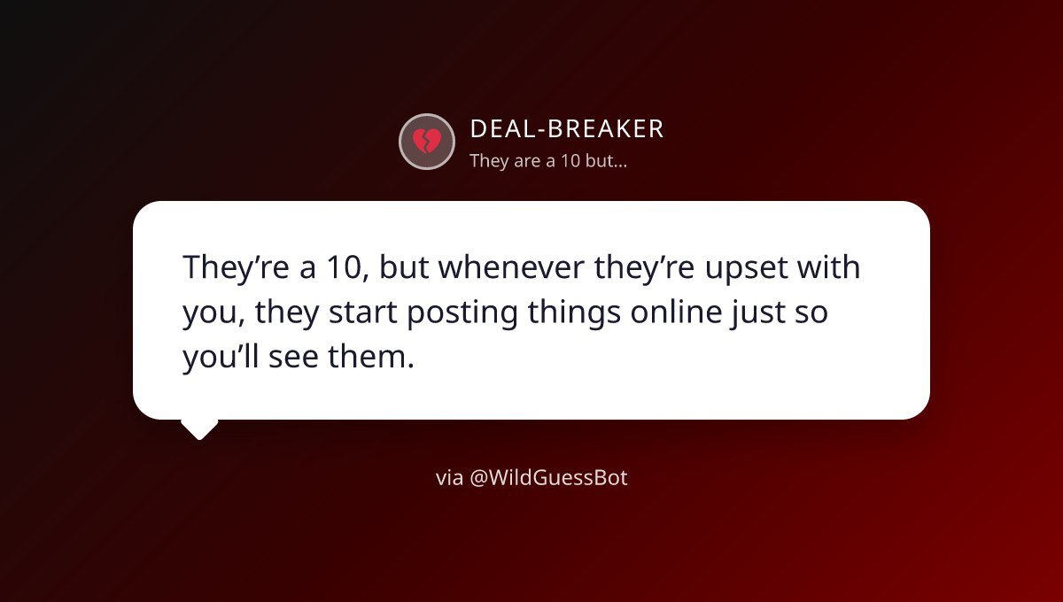 WildGuessBot's tweet photo. Red flag or overthinking? 👀
Be honest: would you stay or leave?
👇 Tell me your answer.
#WildGuess #DealBreaker #RelationshipTok #RedFlag #Dating #Anonymous #FYP https://t.co/qCHvEHamQC
