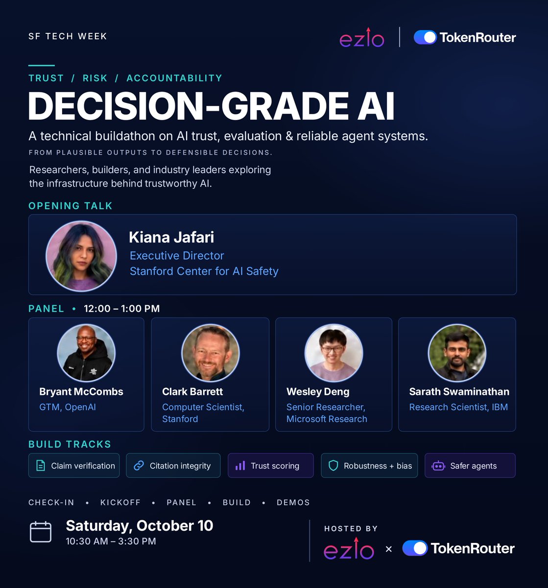 TokenRouter_US's tweet photo. Get ready for SF @Techweek_ with TokenRouter! We're hosting two events in Palo Alto, and we'd love to see you there.

On Monday, Oct 5, we're kicking off the week with @inco_ai at the Token Happy Hour. Come talk inference speed with the team currently ranked #1 in output speed on Artificial Analysis for leading open-weight models.

On Saturday, Oct 10, we're co-hosting Decision-Grade AI at Stanford with Ezio. The day opens with Kiana Jafari of the Stanford Center for AI Safety, followed by a panel with leaders from @OpenAI, @Microsoft, @IBM and @Stanford, and then a buildathon focused on making LLM outputs trustworthy enough to act on.

Spots are limited. Save yours now:
>Token Happy Hour: https://t.co/J0RySCaxXH
>Decision-Grade AI @ Stanford: https://t.co/UhebvjxrfO

See you next week.