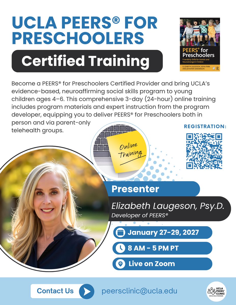 UCLAPEERS's tweet photo. Register now! The UCLA PEERS® Clinic will be hosting a PEERS® for Preschoolers Certified Teleconference, led by program founder Dr. Elizabeth Laugeson, via Zoom from January 27–29, 2027, from 8:00 a.m.–5:00 p.m. PT! https://t.co/F0UdyL0WyW