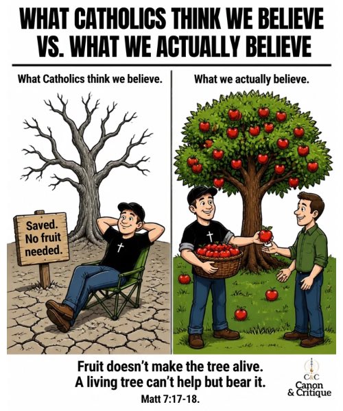 Mikmag1776's tweet photo. Catholic apologists have discovered what Protestants believe, and apparently it's a lawn chair. 🙄

Strange, because Paul wrote "not by works" in Ephesians 2:9 and then, one verse later, said we were created in Christ Jesus for good works. Same letter. Same thought. He didn't see a contradiction. Neither do we. 

Works grow out of life. Stapling apples to a dead tree won't make it live, and a living tree won't stop producing them.

Your strawman needs watering.