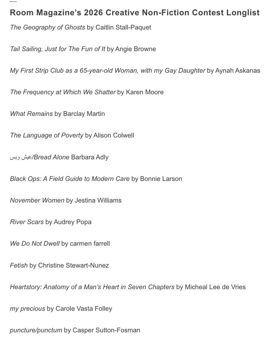 RoomMagazine's tweet photo. Drumroll please! Congrats to our Room Magazine’s 2026 Creative Non-Fiction Contest Longlist, selected by @razorfemme!

https://t.co/Yar29osnfT https://t.co/9W9CZGKJFQ