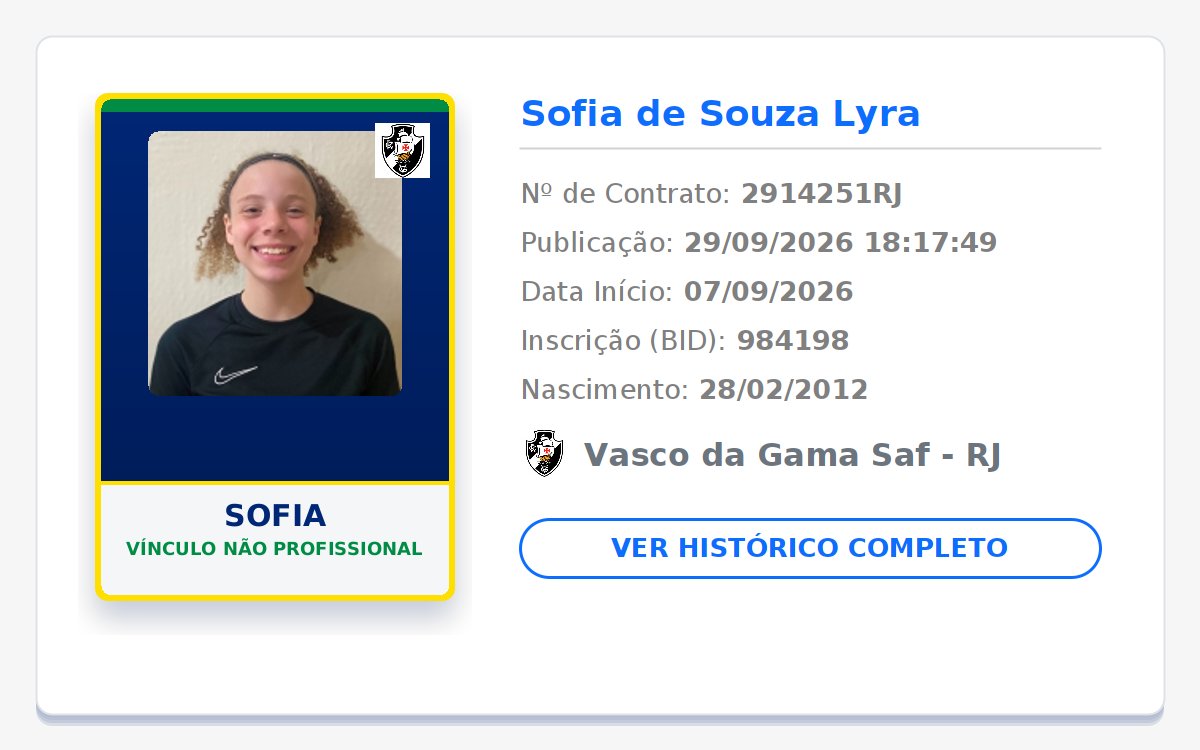 biddovasco's tweet photo. NOVO REGISTRO NO BID! 📝 MENINAS DA COLINA! 💢⚪⚫

👤 Nome: Sofia
🎂 Nasc.: 28/02/2012
📄 Tipo: Vínculo Não Profissional
📅 Início: 07/09/2026
🏁 Fim: 07/09/2027

Publicado em: 2026-09-29 18:17:49

#Vasco #VascodaGama #GiganteDaColina https://t.co/OajUfg5PTS