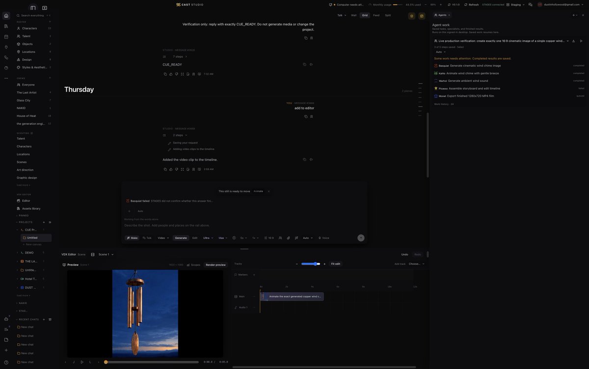 The Agent work panel assigns image generation, animation and export to separate agents.