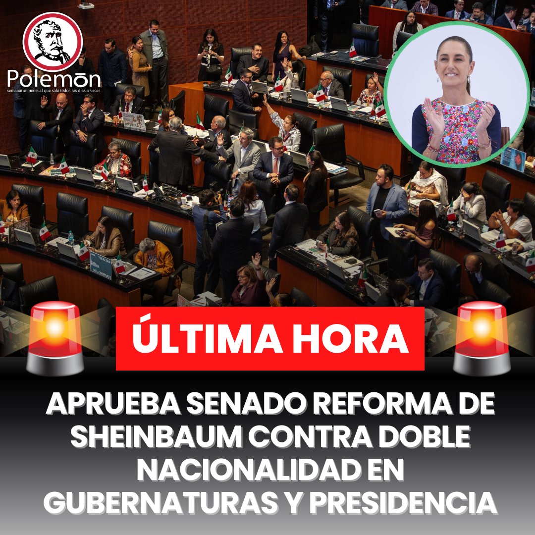 revistapolemon's tweet photo. 🚨#ULTIMAHORA El pleno del @senadomexicano aprobó la reforma de la Presidenta @Claudiashein que prohibe tener doble nacionalidad a quien aspire a una gubernatura, a la jefatura de gobierno de la Ciudad de México o a la Presidencia de la República.

Con 86 a favor de Morena los partidos de la 4T, y 42 en contra de la oposición del MCPRIAN, la ley fue aprobada esta tarde y reforma así los artículos constitucionales 82, 116 y 122.

"¡Nadie puede servir a dos amores!", dejó claro el senador morenista Óscar Cantón Zetina.

Mientras tanto, la bancada del PAN protestó con pancartas que decían: "Morena traiciona a los migrantes".

Con los cambios constitucionales, informó el Senado, se establece que para ser presidente o presidenta, gobernador o gobernadora, jefe o jefa de Gobierno de la Ciudad de México, además de ser ciudadano o ciudadana mexicana por nacimiento, se requiere que no se tenga ni adquiera otra nacionalidad y, en caso de tenerla, renunciar a ella previo a solicitar el registro como candidato o candidata en los términos que establezca la ley.

📸Cuartoscuro