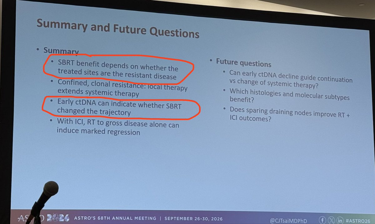 DrewMoghanaki's tweet photo. Great take home points by @CJTsaiMDPhD regarding how to think about SBRT for oligoprogressive stage IV NSCLC. For those who aren’t aware, she’s the PI of the CURB &amp; CURB2 randomized trials. #ASTRO26 https://t.co/RIQ3rFXIzw