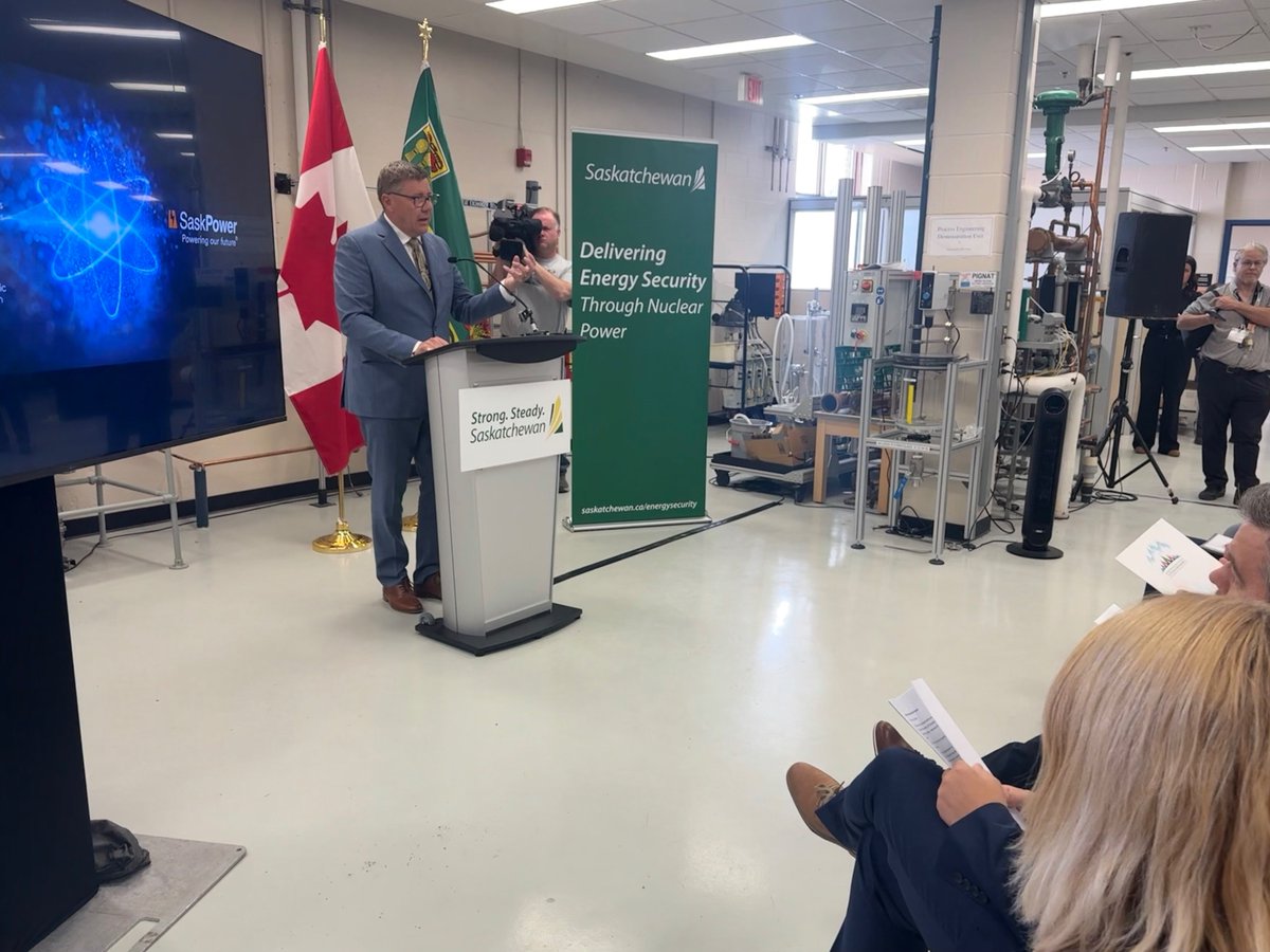 PremierScottMoe's tweet photo. We took another major step toward securing Saskatchewan’s nuclear energy future today, with our plan to have 2,600 MW of nuclear power by 2050.

Reliable, affordable power is essential for Saskatchewan families to thrive and for businesses and communities to grow.

We're building on our world-class uranium resources, skilled workforce and growing nuclear expertise to strengthen energy security, attract investment and support long-term growth across our province.