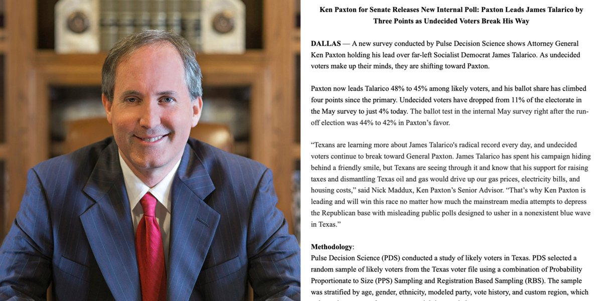 IAPolls2022's tweet photo. TEXAS POLL - Senate (Paxton internal)

🟥 Ken Paxton: 48%
🟦 James Talarico: 45%

Pulse Decision Desk | 9/24-27 | 800 LV https://t.co/iLRxcsygRB
