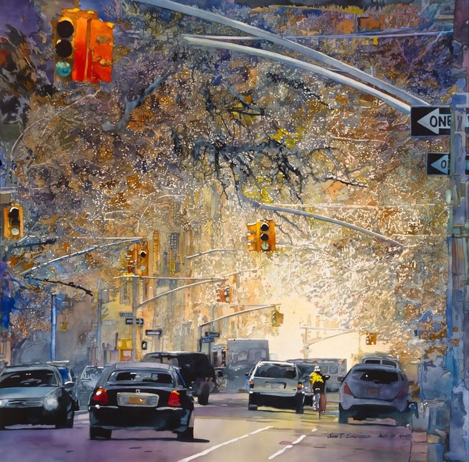 An impressionistic painting of a city street scene featuring cars, a motorcyclist, traffic lights, and trees illuminated by warm, dappled sunlight.