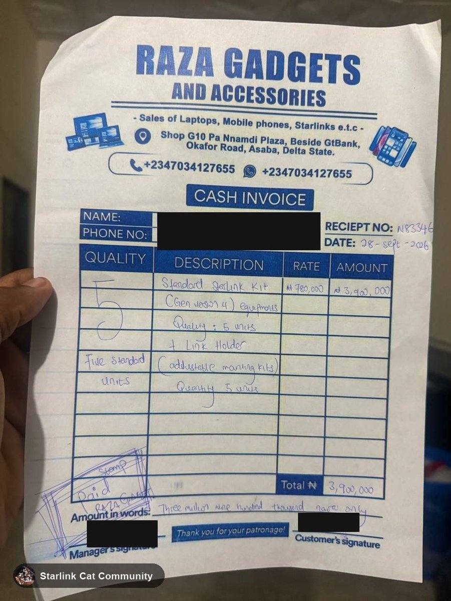 starlink_meme's tweet photo. Five more Starlink Standard kits with mounts, bought in Asaba, Nigeria, same shop as the first five. ₦3,900,000 on the invoice, 3,378.70 USDC out of the fund, 23 shares of SpaceX stock.

That makes ten kits bought from SpaceX payouts in two weeks. Five are on roofs already. These five go to the shortlist next: eight places, four countries, waiting. Where they go, and every receipt, at https://t.co/MEBAAR4yXO

Out of the fund: https://t.co/QPfhTmqvD2

Paid: https://t.co/SA13kDeMJH