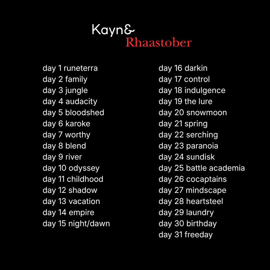 shiedaarchive's tweet photo. Very sorry for being late!!! Next time I will remember to do it and annonce earlier.

Everyone lets enjoy very Kaynfull/Rhaastfull october together. #kayntober26 https://t.co/QN77p4pxjG