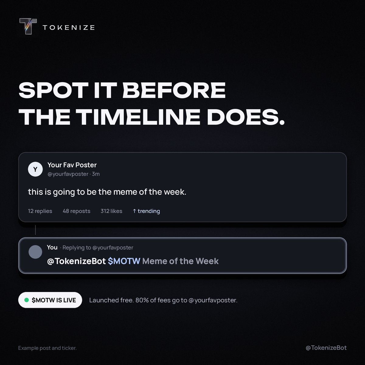 TokenizeBot's tweet photo. Spot it before the timeline does.

See a post about to blow up? Reply:
@TokenizeBot $TICKER Name

The coin goes live. Free, no SOL needed.
The author gets 80% of the fees. https://t.co/rgDy9UU0hy