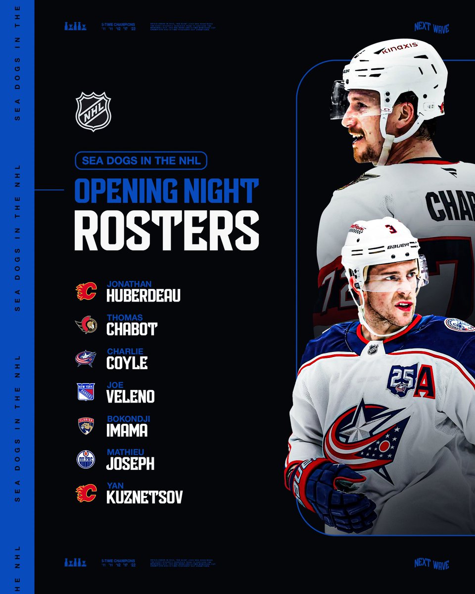 SJSeaDogs's tweet photo. Best of luck to our 7⃣ former #SJSeaDogs who have earned spots on opening night rosters across the @NHL as the 2026-27 season gets underway tonight!

#GoDogsGo | #ProDogs https://t.co/fX1XQSZr0f