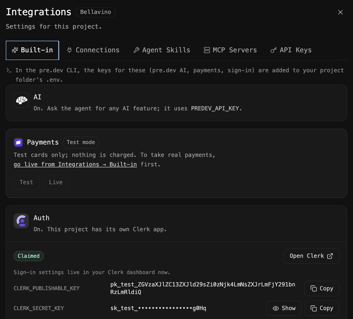 predotdev's tweet photo. Every predev project now ships with AI, payments and auth built in.

Open the Integrations panel on any project and you'll find them under Built-in. Already on, already wired, no setup.

Here's what each one gives you 👇

AI
Just ask the agent for an AI feature. A chatbot, smart search, recommendations, summaries, whatever your product needs.
It runs on your predev key (PREDEV_API_KEY), so there's no model provider account to set up and no keys to juggle.
In Bellavino, our demo restaurant menu, this is how we built an AI sommelier that pairs wines with whatever guests are ordering.

Payments
Every project starts in test mode: test cards only, nothing gets charged. Build your checkout, try every flow, break things safely.
When you're ready for real money, flip to Live in Integrations > Built-in. One switch, same code.

Auth
Each project gets its own dedicated Clerk app. Sign-up, sign-in and sessions work from the first build.
Once you claim it, it's yours. Open Clerk straight from the dashboard to manage sign-in methods, branding and users, with your keys right there to copy.
Working locally?
In the predev CLI, the keys for all three land in your project's .env automatically. Clone, run, done.

Why this matters
The first screen is never the hard part. The hard part is everything that makes an app real: users who can log in, a way to get paid, features that feel smart. That's usually where weekends get spent on API keys, webhooks and env vars.

predev plans the architecture first, so these aren't bolted on later. The agent builds around them from the start and verifies they work. You go from idea to a product people can sign into and pay for, not just a demo.

And the Built-in tab is just the start: Connections, Agent Skills, MCP Servers and your own API keys all live in the same panel.

Build something people can engage with: @predotdev