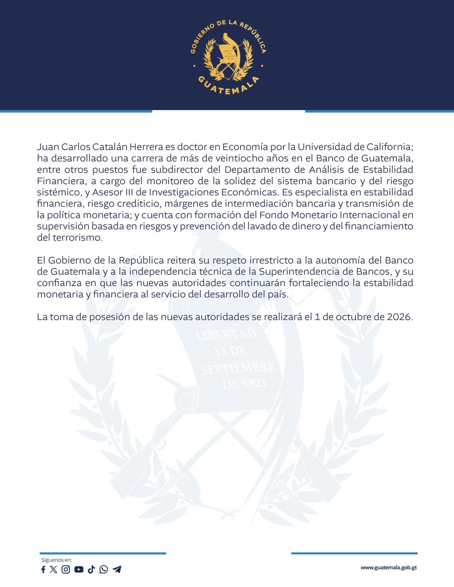 lahoragt's tweet photo. #AhoraLH | Gobierno de Guatemala confirma a Jonathan Menkos como presidente de la Junta Monetaria y del Banco de Guatemala para el período 2026-2030 y nombra a Juan Carlos Catalán como Superintendente de Bancos para el mismo período.
✍️: Jenniffer Véliz https://t.co/Sj8dxSHdDE