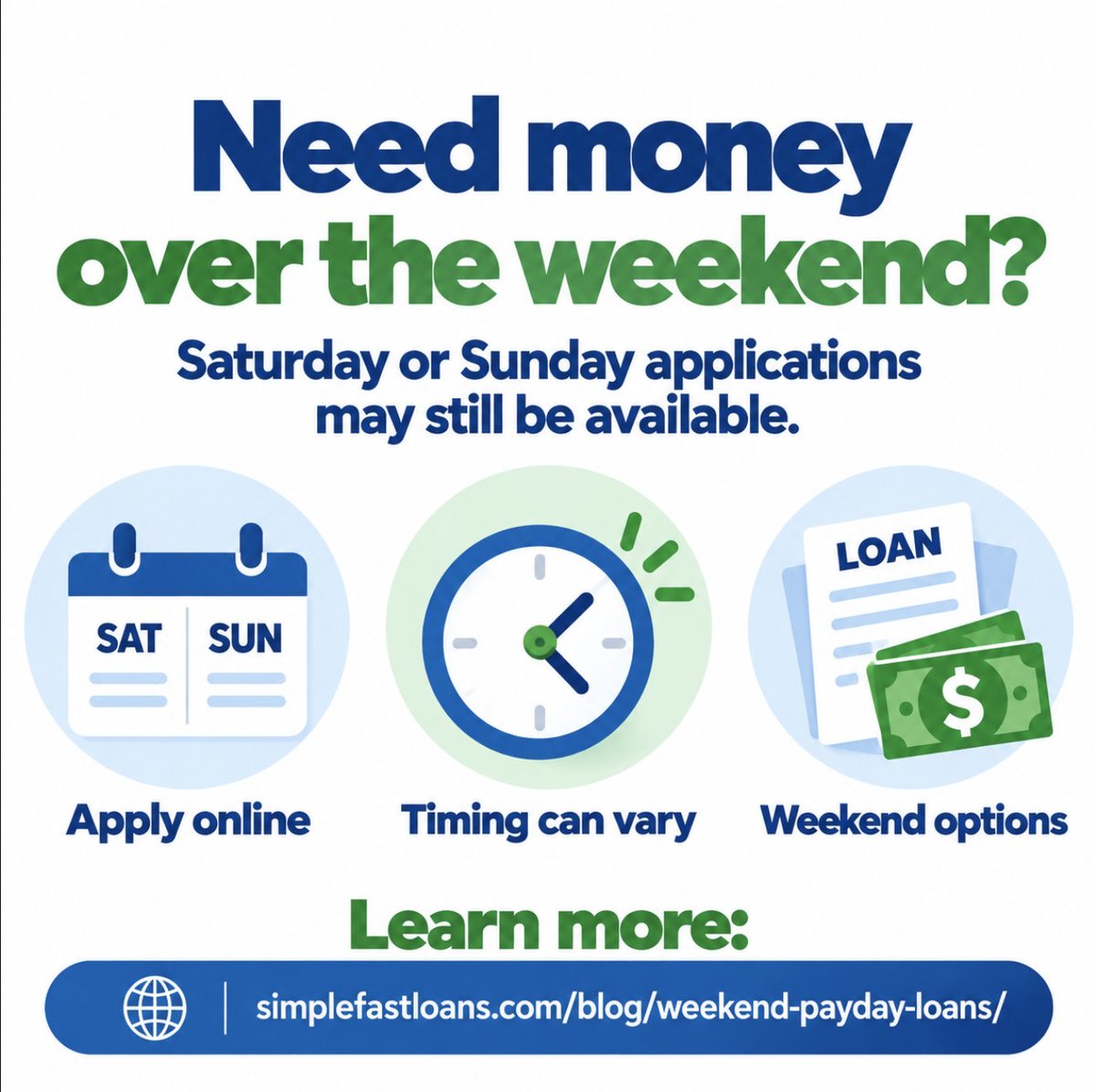 SimpleFastLoans's tweet photo. Need money over the weekend?

You may still be able to apply online Saturday or Sunday, but funding timing can vary.

See how weekend payday loans and alternatives work:
https://t.co/xGWx19Ge2q
#PersonalLoans #WeekendLoans https://t.co/4MnljiuBiC