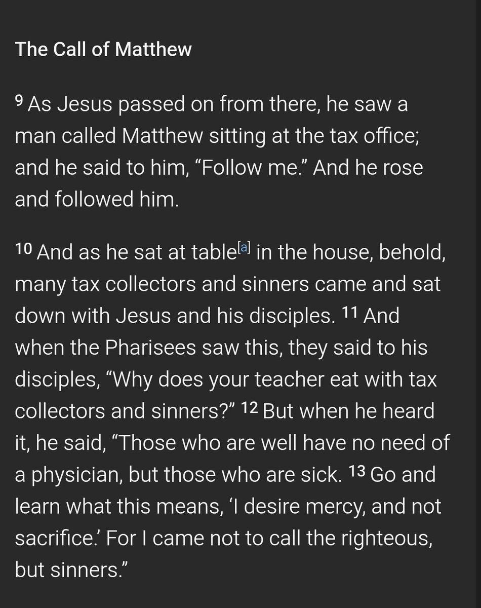 CatholicismFix's tweet photo. @MikeofTheNation 1. "Follow me" to Matthew
To the Phrasees:
2. It is not the healthy who need a doctor, but the sick
3. I came came not to call the righteous, but the sinners

I don't want to be in a position to defend neither a OF Model or a protestant. But I think you need to rethink this one. https://t.co/HbwaTxY9i1