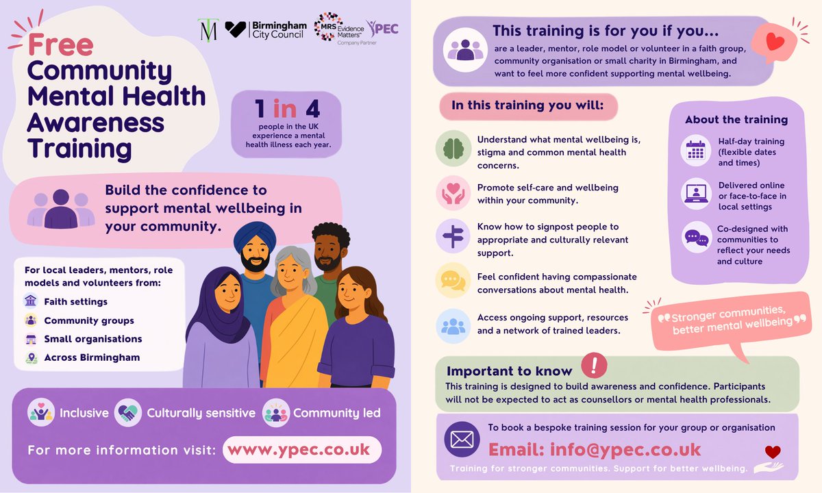 CatalystHubWM's tweet photo. Free Community Mental Health Awareness Training
Will cover: Understanding mental wellbeing, stigma, self-care and community wellbeing, signpost individuals to culturally appropriate support, access to ongoing support and resources, and more. 
Email: info@ypec.co.uk https://t.co/LnHy8noCOC