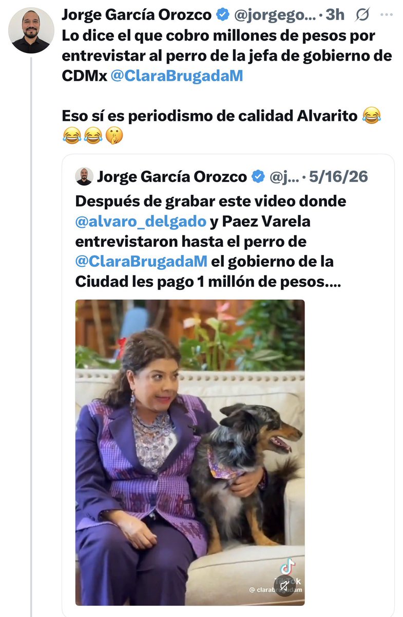 jorgegogdl's tweet photo. Ahora @alvaro_delgado me bloqueó después de recordarle que su medio @SinEmbargoMX recibió millones de pesos del gobierno de Clara Brugada tras entrevistar al perro de la jefa de gobierno.

¡Los regalos de cumpleaños no deja de llegar! 🤣 https://t.co/Z7IWF8ptqT