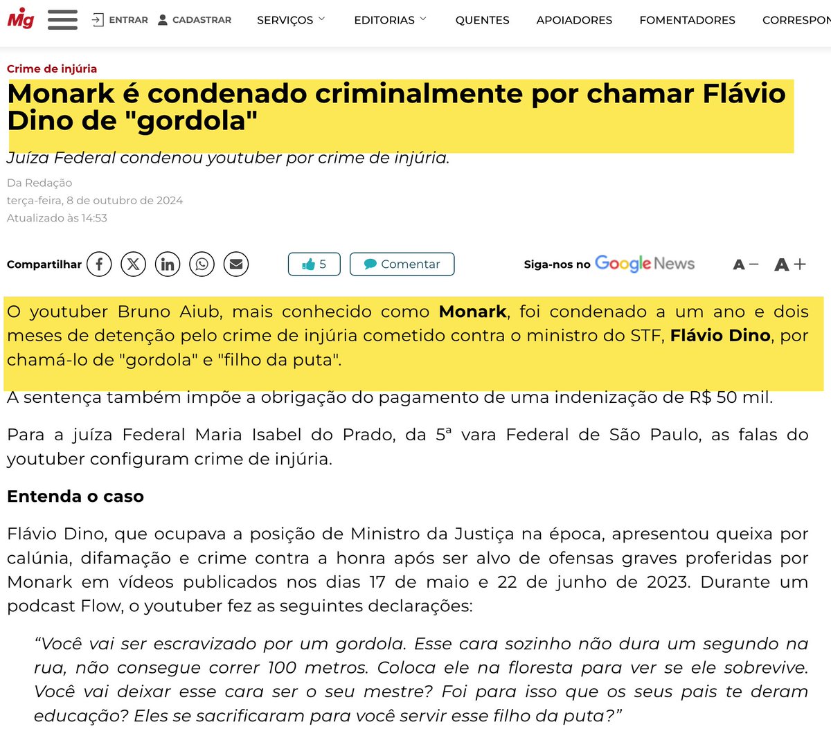 ggreenwald's tweet photo. @historia_pensar "Ninguém foi preso no Brasil por criticar Flávio Dino." https://t.co/LfBWDgfOln