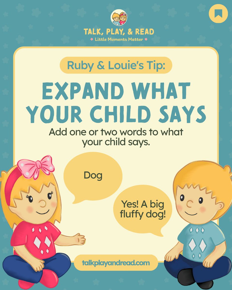 JoAnnGramlich's tweet photo. Ruby & Louie’s October Tip 💙
Try “expanding” your child’s language!
Child: “Dog.”
You: “Yes! A big fluffy dog!”
Child: “Cookie gone.”
You: “The cookie is all gone!”
No pressure. No correction. Just add a little more to what they say. 🌟
#TalkPlayandRead #LittleMomentsMatter https://t.co/QYFsTjoDoN