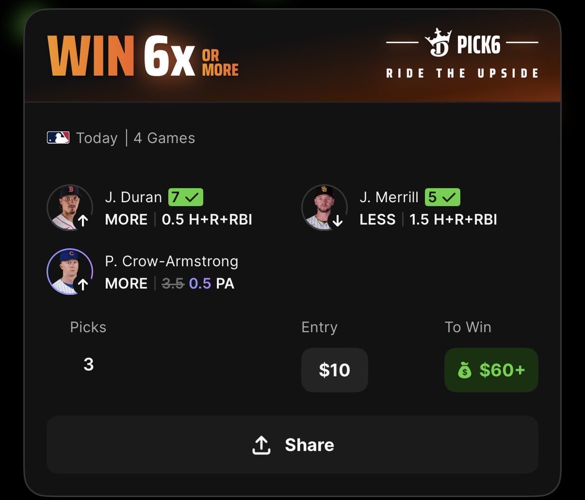 ArminBets's tweet photo. DK Pick6 Free Square Pairings! 🆓⚾️

Jarren Duran OVER 0.5 HRR

Jackson Merrill UNDER 1.5 HRR

All plays found with @OddsJam!

Like if you’re tailing! ❤️ https://t.co/hOK60YmJHP