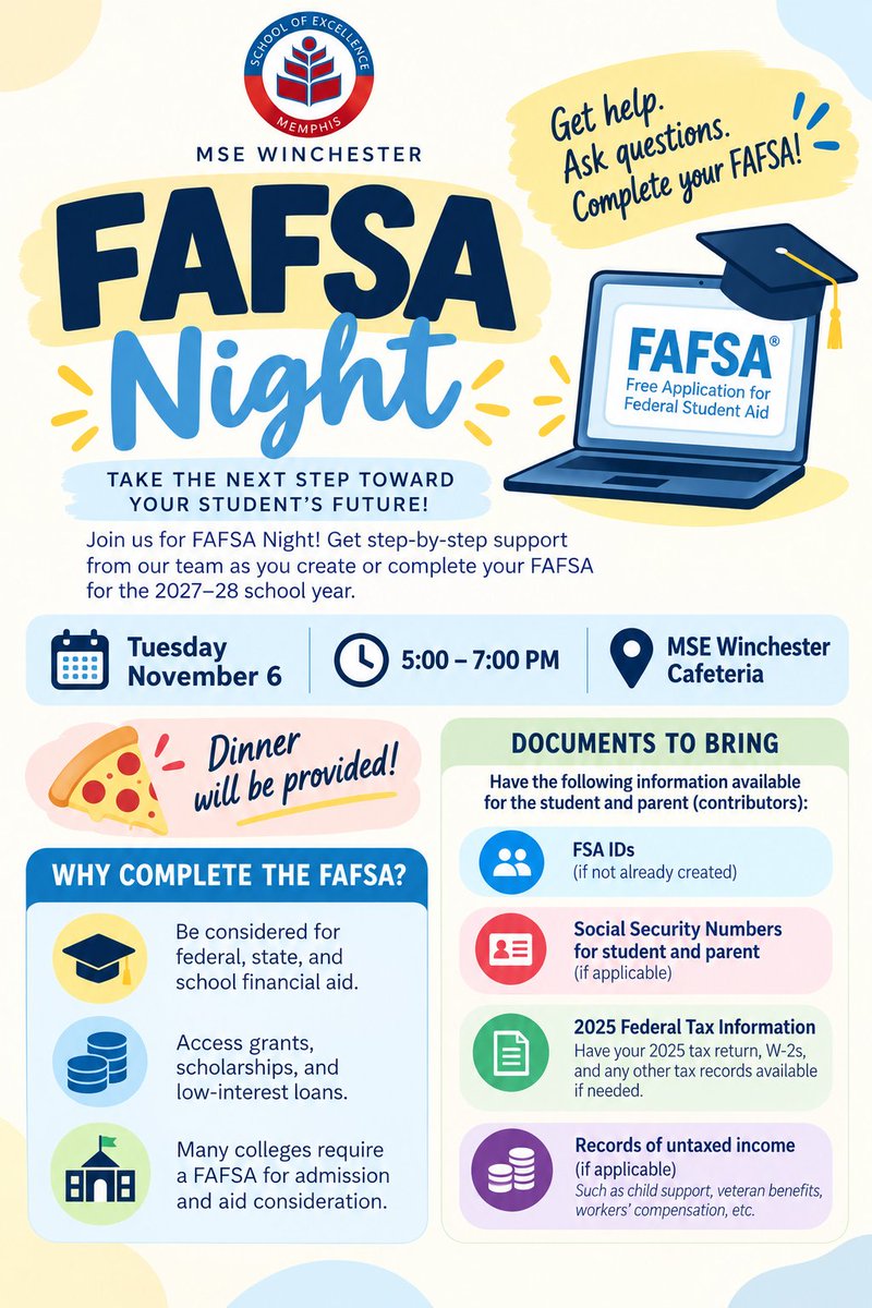 MSEWinchester's tweet photo. Dear Senior Parents and Guardians,
Join us for FAFSA Night at MSE Winchester on Tuesday, October 6! We’ll help you and your senior complete the FAFSA. Dinner will be provided! Please bring the documents listed on the flyer! https://t.co/L22Tk48Ohv