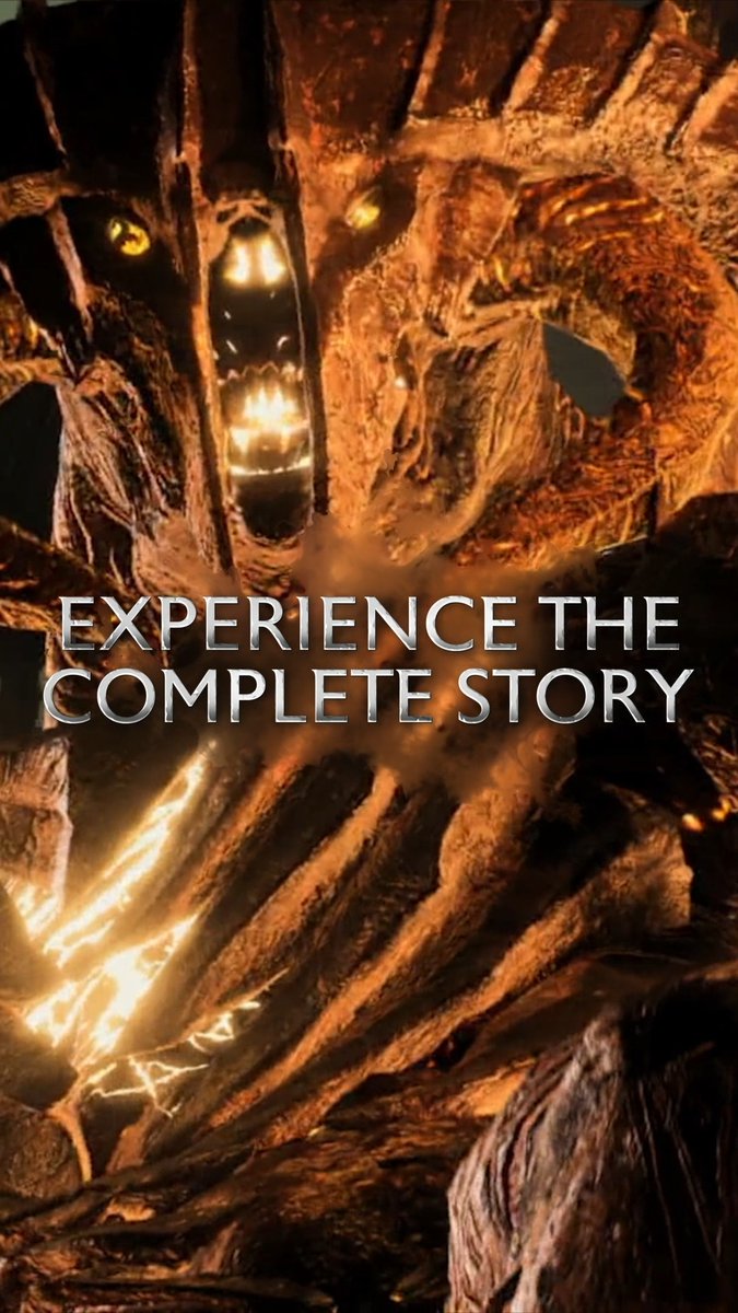 A promotional graphic featuring a fiery, monstrous creature with glowing eyes and teeth in a dark, rocky environment, overlaid with the text "EXPERIENCE THE COMPLETE STORY".