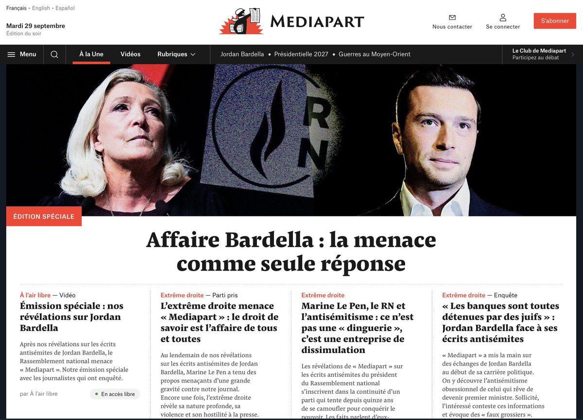 edwyplenel's tweet photo. Affaire Bardella : l'extrême droite n'a que la menace comme réponse, montrant sa haine de la presse, de sa liberté et de son indépendance. L'édition spéciale de Mediapart ce mardi soir 29 septembre 2026. 
👉 https://t.co/CHa3wygjM4 https://t.co/6vj4aTQpmb