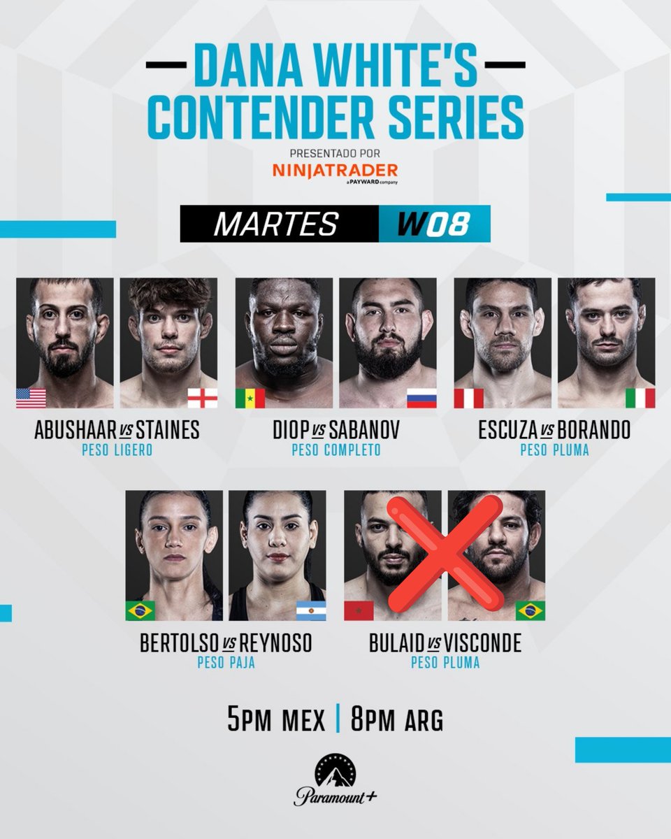 ClubDeLasMMA's tweet photo. 🚨 Atención Argentina 🚨

La primera pelea de hoy se cancela por lo que la de Camila Reynoso 🇦🇷 estará abriendo el card 20.15hs 

#DWCS https://t.co/dIxIfcbcZX