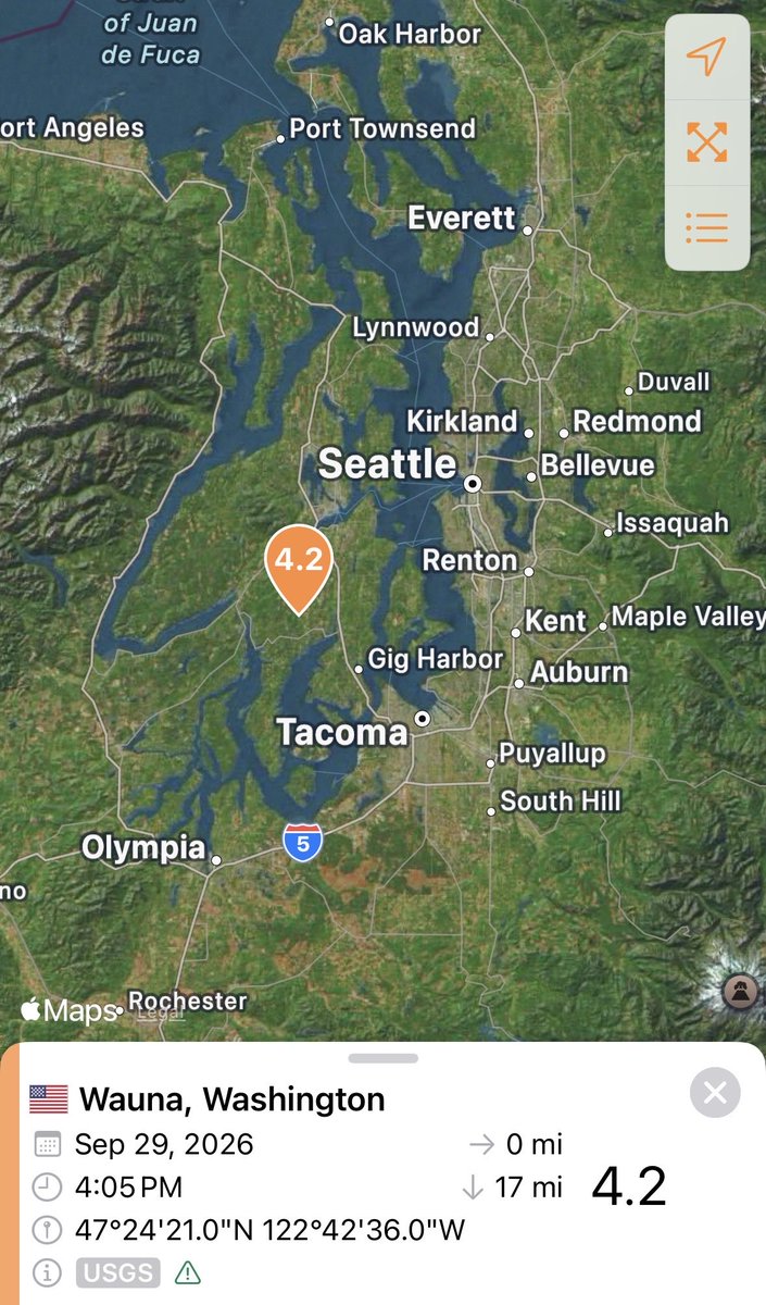 SeismoTracker's tweet photo. #Earthquake Breaking News 

A magnitude 4.2  has struck 5 Km / 3.1 Mi WNW of Wauna, #Washington 

Magnitude: 4.2 
Epicenter Location: 47.406°N 122.710°W
Time: 2026-09-29 21:05:56 UTC
Depth: 27.9 Km ( 17.3 Mi) 
Intensity: IV 
Estimated Fatalities: Green 99%
Estimated Economic Losses: Green 99%

Aftershocks 
Magnitude 7+: < 1% 
Magnitude 6+: < 1%
Magnitude 5+: 1% 
Magnitude 4+: 8% 
Magnitude 3+: 38%