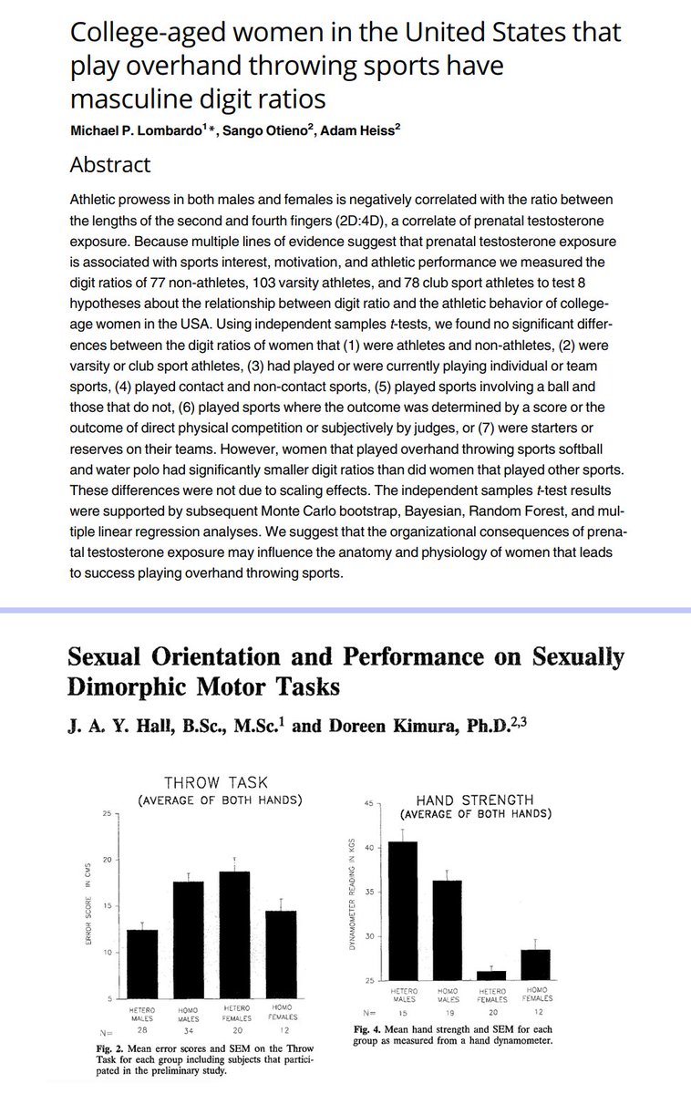 calotonterias's tweet photo. Las mujeres lesbianas suelen haber estado expuestas a niveles más altos de testosterona en el útero que las mujeres hetero, mientras que los hombres gays suelen haber estado expuestos a niveles más bajos que los hombres hetero. Esto se infiere del ratio 2D:4D (proporción entre la longitud del dedo índice y la del anular): un ratio más bajo se asocia a mayor exposición prenatal a la testosterona.

Además, las niñas que estuvieron expuestas a niveles altos de testosterona tienden a mostrar menos interés por las muñecas que por los coches, y el rosa les atrae menos que el azul.

A su vez, observamos que en el útero hay diferencias significativas entre los cerebros de hombres y mujeres. Por ejemplo, los cerebros de los hombres presentan un mayor aumento de conectividad en áreas relacionadas con el movimiento y la coordinación. Algo esperable, teniendo en cuenta que, durante la mayor parte de nuestro pasado evolutivo, desafíos como la caza y el combate fueron mucho más predominantes en los hombres.

También se ha visto, entre mujeres universitarias, que las que practicaban deportes con lanzamientos por encima del hombro tenían un 2D:4D más bajo (lo que se asocia con una mayor exposición a testosterona prenatal) que las que practicaban otros deportes.

En la misma línea, se observó que las mujeres lesbianas tienden a lanzar objetos con más precisión que los hombres gays, aunque ellas tienen menos fuerza de agarre; y los hombres heterosexuales superan a todos los grupos tanto en precisión de lanzamiento como en fuerza, mientras que las mujeres heterosexuales son las que peor puntúan en estas dos características.