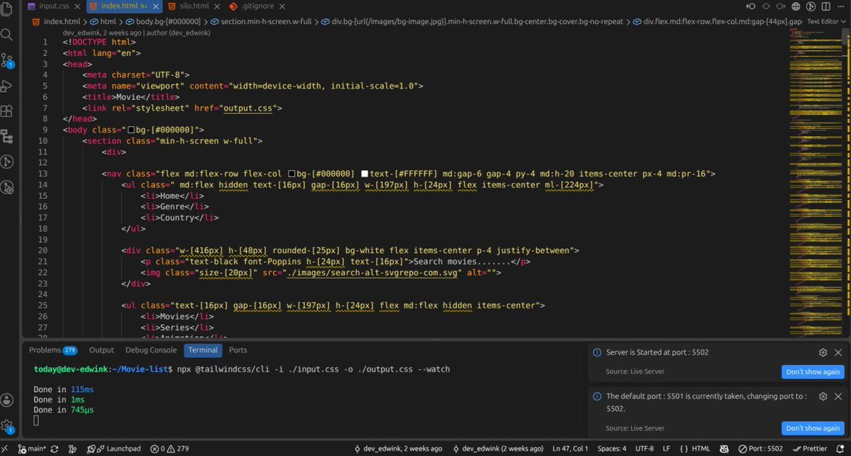 dev_edwin_'s tweet photo. Day 17/100

Today I started building a movie website  using HTML and Tailwind CSS.

Worked on the hero section, navigation, search bar and movie categories.

Slowly turning the design into a functional interface. https://t.co/QOq6Hqd2LW