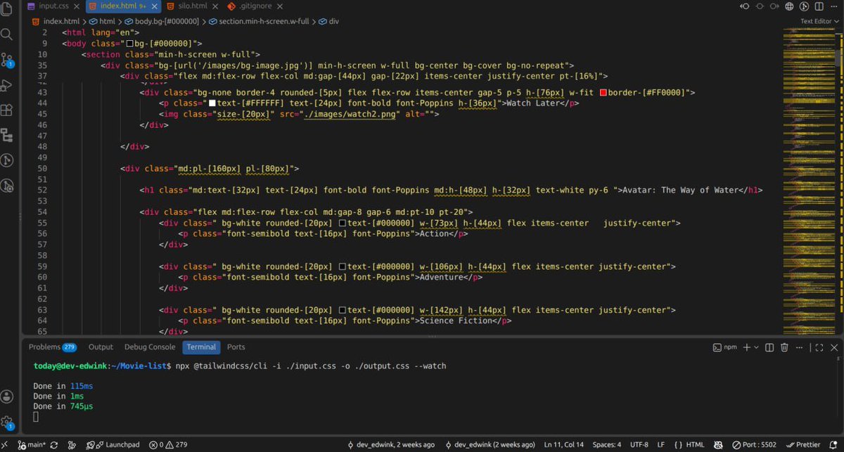 dev_edwin_'s tweet photo. Day 17/100

Today I started building a movie website  using HTML and Tailwind CSS.

Worked on the hero section, navigation, search bar and movie categories.

Slowly turning the design into a functional interface. https://t.co/QOq6Hqd2LW