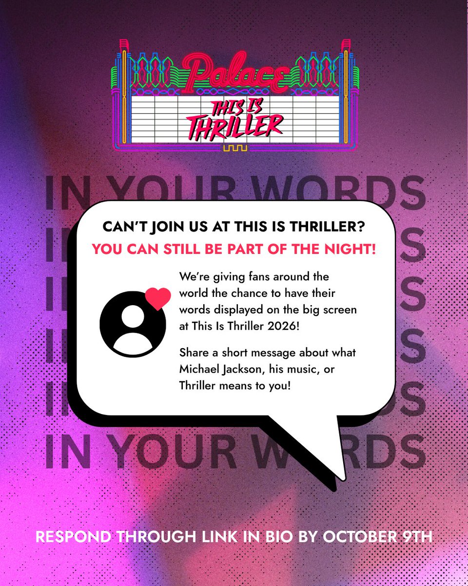 heallafdn's tweet photo. Can’t join us at This Is Thriller? You can still be part of the night! 🧟‍♂️🎃

We want to hear from MJ fans around the world! 🌎❤️

Share a short message about what Michael Jackson, his music, or Thriller means to you for a chance to have your words displayed on the big screen at This Is Thriller 2026!

Submit your message through the link below by October 9th! 

🔗: https://t.co/vOjqmF5f3p