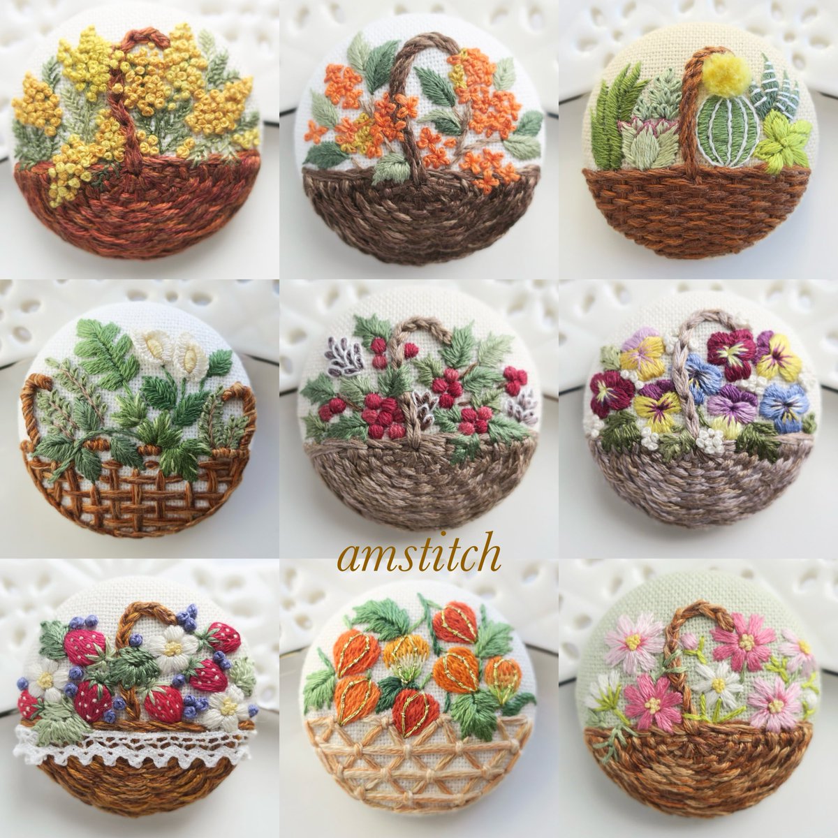 amstitch_works's tweet photo. #私の頭の中を作品に翻訳しました
#どこかの誰かに刺さればそれでいい
38ミリのくるみボタンに、花かごや美味しいもの、動物たちを刺繍しています🪡

私の頭の中の小さな丸い世界をぜひご覧下さい😊

今日も雨ニモマケズ…

💐小さな花かご刺しゅう💐
ご予約受付中です！
📖https://t.co/HDwSNUpMxf https://t.co/1xTxG5v9Ws